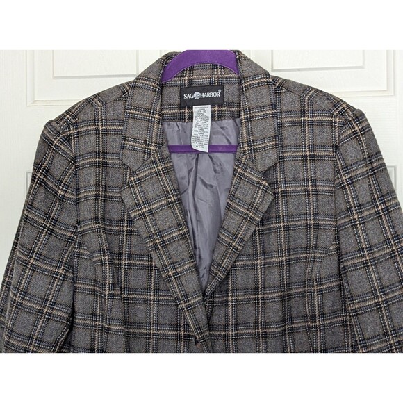 Sag Harbor Blazer Jacket Womens 16 Gray Blue Brown Plaid Wool Blend Lined Pocket - Picture 2 of 9